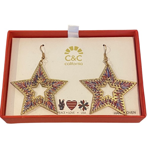 C&C California American Pride Handwoven Star Gold Earrings - New - Picture 2 of 4
